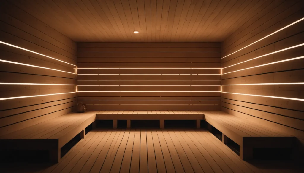 Modern bastu med säker LED-belysning och elegant design.
