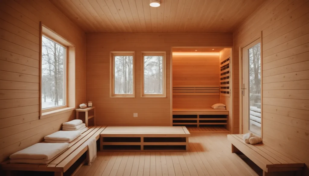 Bild på en modern infraröd bastu i Stockholm med varmt ljus och en avslappnad atmosfär som illustrerar hälsoeffekter och terapeutiska fördelar.