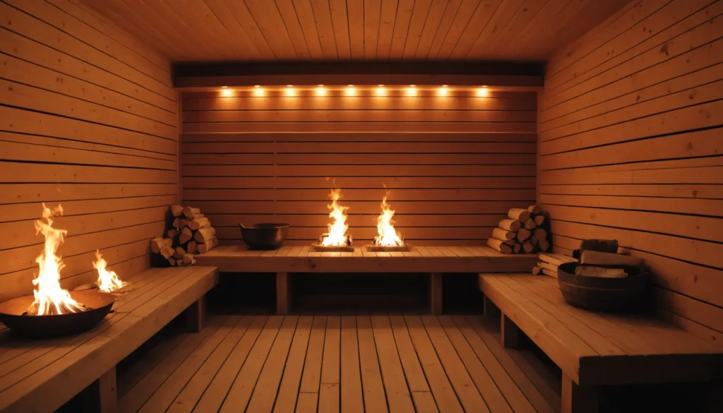 Bild som illustrerar brandskyddsregler för vedeldad bastu med fokus på säker installation och drift.