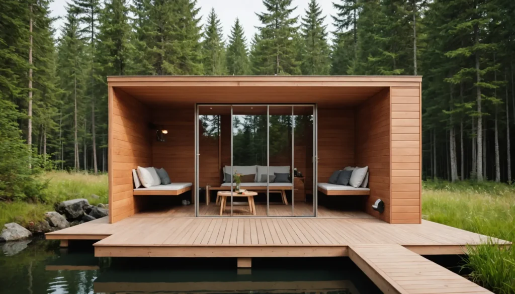 Liten, modern bastu med kreativa designlösningar för compact living.