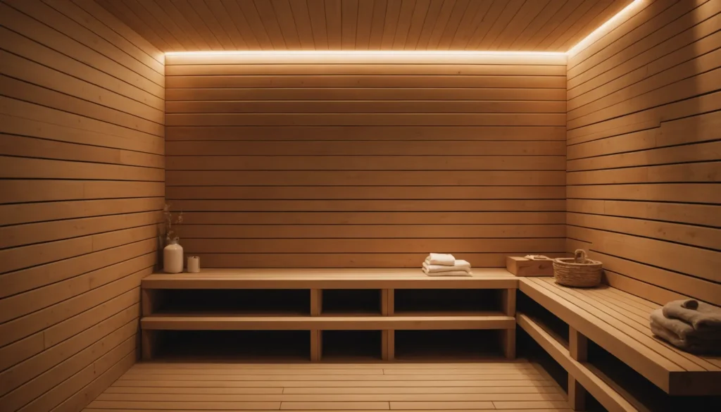 Badrum med installerad liten bastu och verktyg, som visar processen för en säker installation.