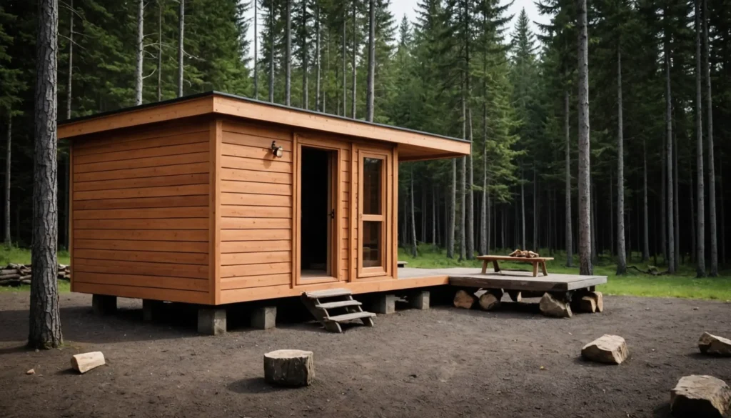 Bild på en liten vedeldad bastu med traditionell design, omgiven av grönska och med synlig vedeldad värmekälla.