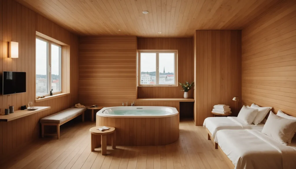 Bild på ett modernt lyxhotellrum i Göteborg med en integrerad bastu och elegant inredning.
