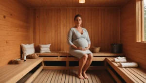 Bild på en gravid kvinna i bastun omgiven av symboler som representerar säkerhet och risker.