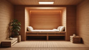 Modern liten bastu inomhus med tydliga installationsdetaljer och planeringsanvisningar för optimerade små utrymmen.