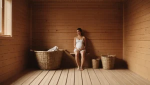 Gravid kvinna i bastu med information om säkra riktlinjer enligt Vårdguiden