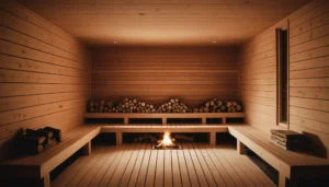 Illustration av en vedeldad bastu inomhus med fokus på installation och underhåll.